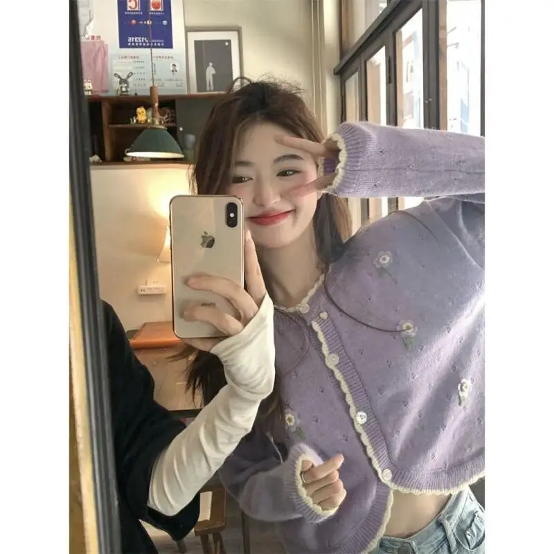 2025 جديد الحلو ثلاثي الأبعاد هوك زهرة الجوف سترة سترة سترة المرأة الربيع فضفاضة قصيرة محبوك الأرز #1