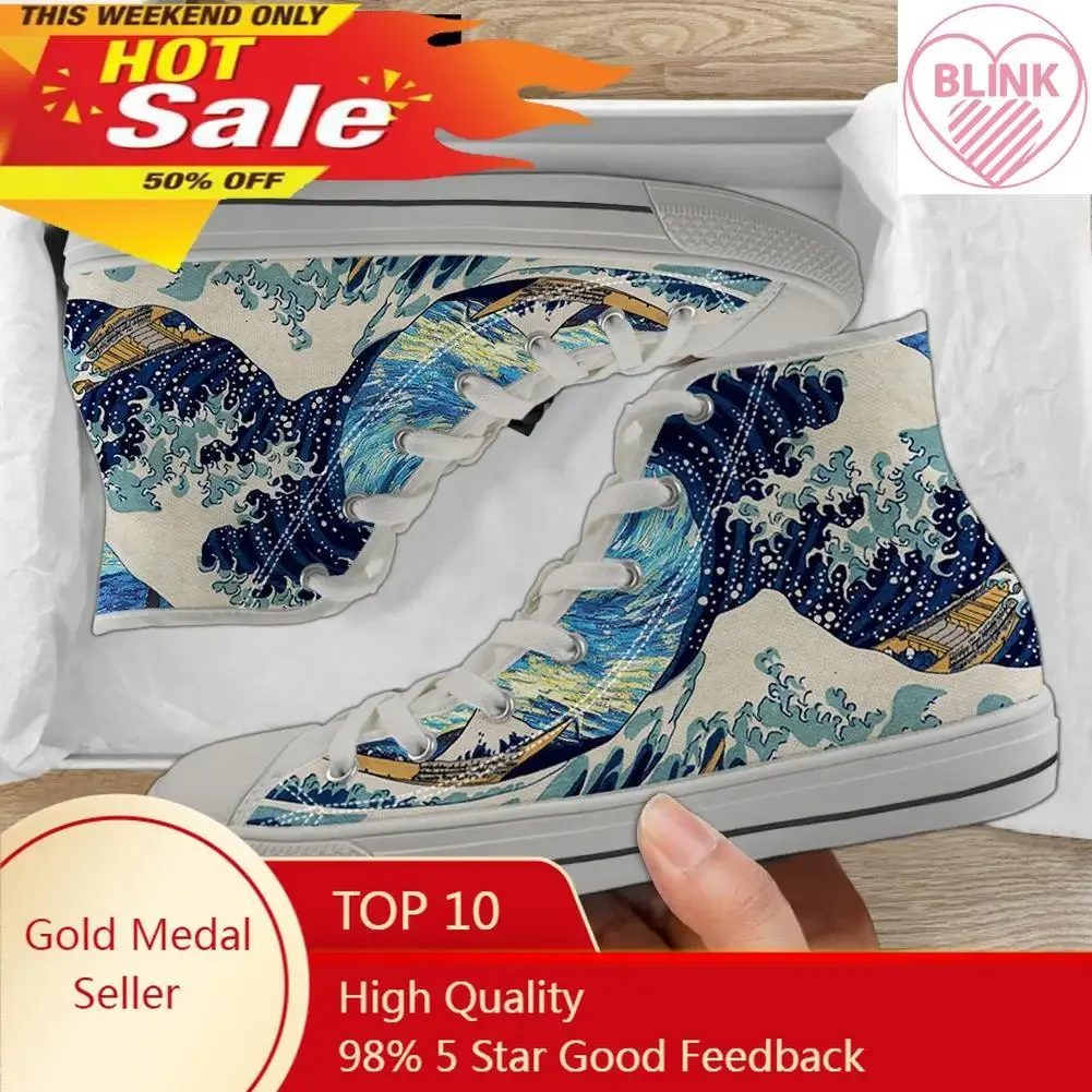 Zapatos vulcanizados de lona con estampado de olas oceánicas para mujer, zapatillas planas de lona, informales, con cordones