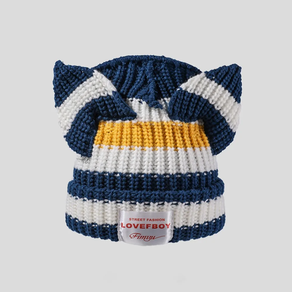 Cute Double-layer Loverboy Cat Ear Knit Hat Hooded Cap Niche Design Knitted Cap Warm Thicked Warm Cap Autumn and Winter