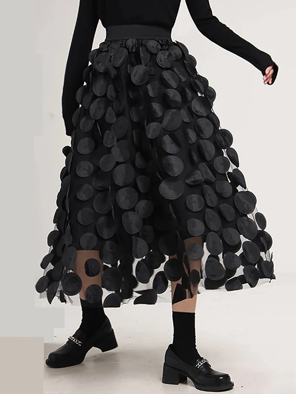 

STUDIO Retro High Waist A-Line Skirt Women's Spring Autumn Design Unique round Lace Middle Length Skirt