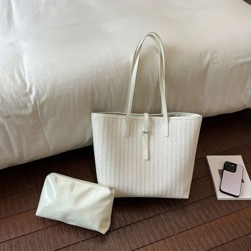 White Pink Blue Brown Black Woven Tote Bag Large Capacity PU Leather Shoulder Underarm Commuter Work Handbag Magnetic snap Women
