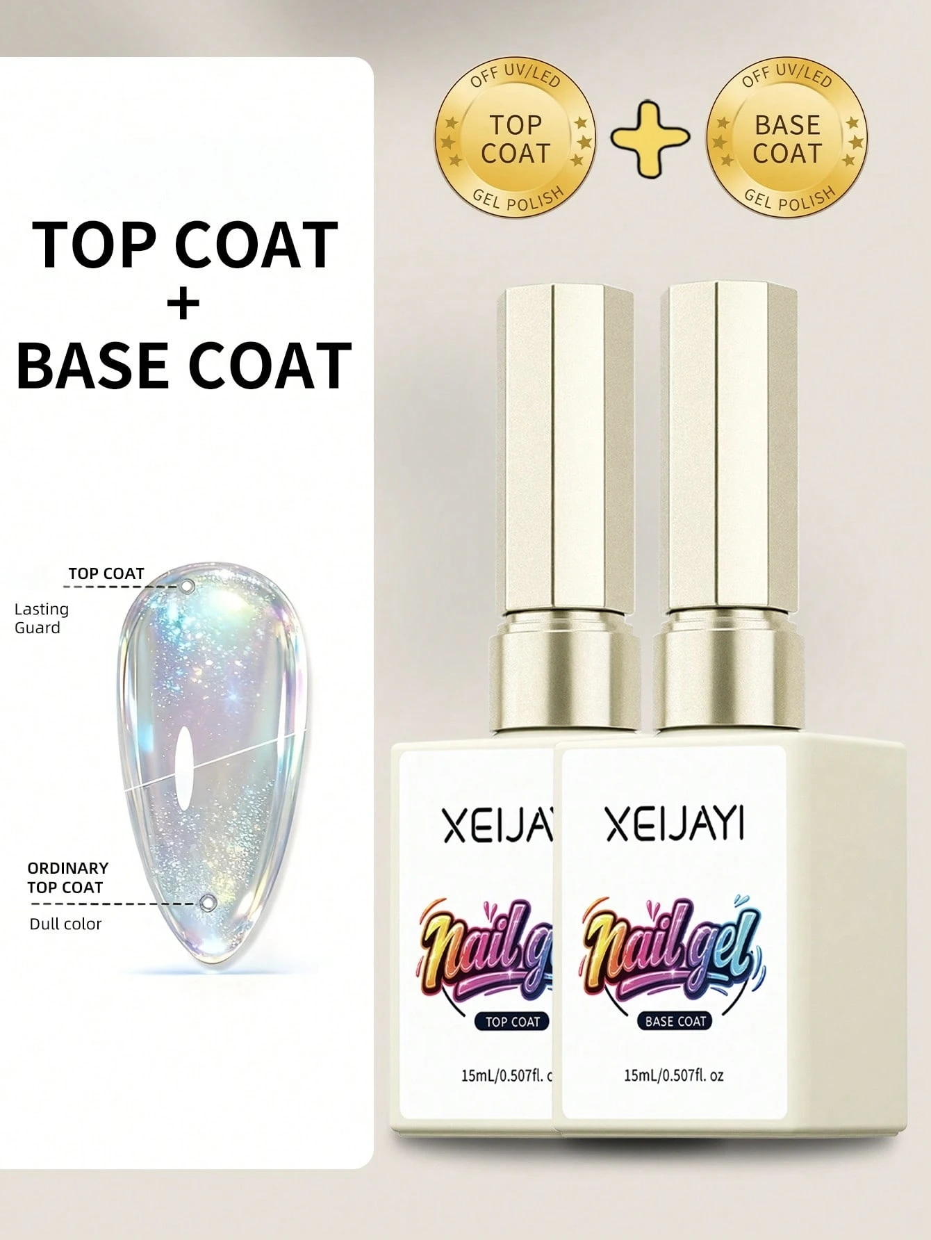 2Pcs/set 15ml Glass Top Coat Long Lasting Clear Rubber Base Coat LED UV Strengthen Nails High Gloss Top Finish Gel Nail Polish
