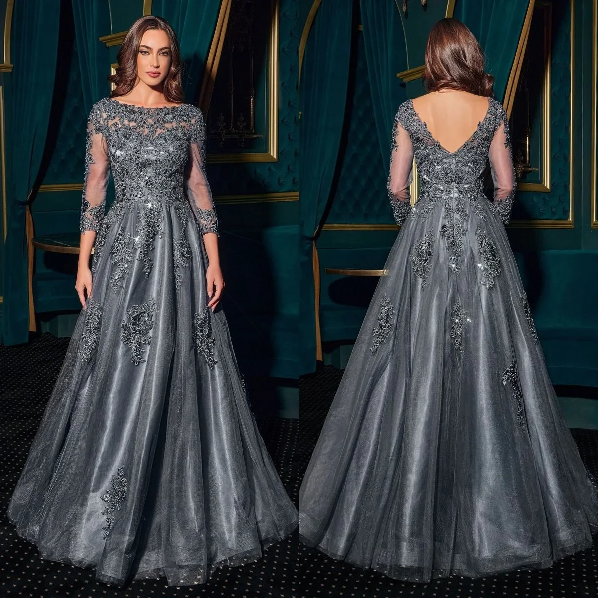 

Серые платья для выпускного вечера по индивидуальному заказу для особых случаев, кружевное вечернее платье с длинными рукавами, женские свадебные платья с бусинами