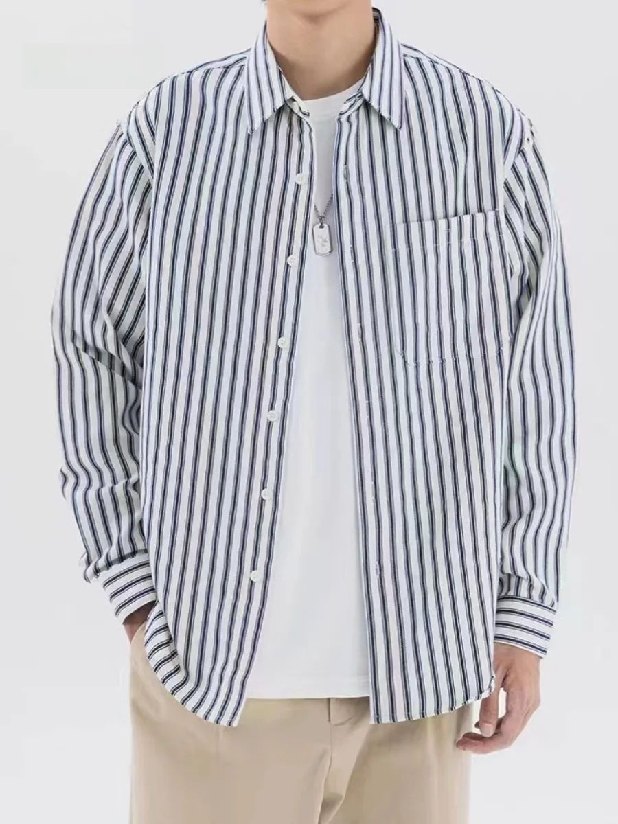 

Loose Fit Casual Men's Long Sleeve Shirt Vintage Vertical Stripes Autumn Winter Open Cardigan Style Polyester Fiber No Brand