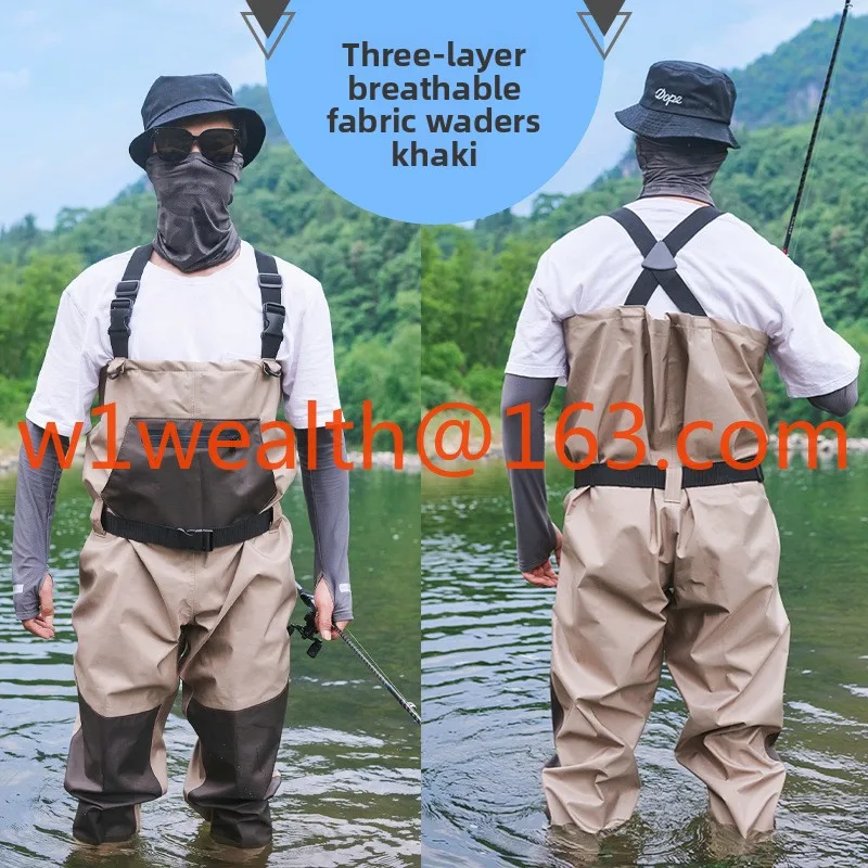Three-layer breathable whole body waterproof one-piece road, outdoor launching pants, wading pants wear-resistant