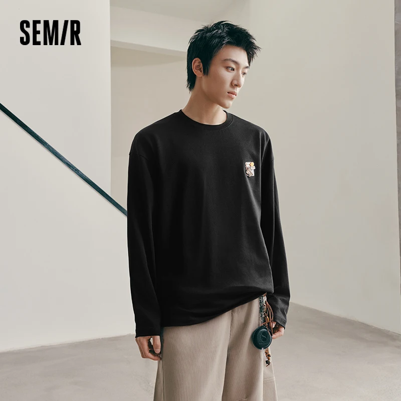 Semir Men Tshirt Long Sleeve Loose Crew Neck Embroidered Detail 2026 Autumn Couple Casual Pullover Everyday Top