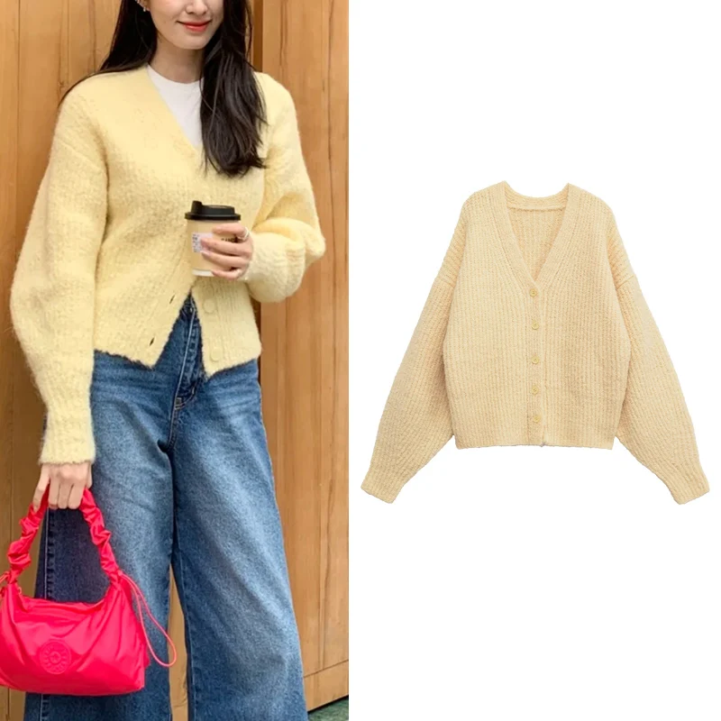 

Новинка осени 2025 года. Женский удобный повседневный кардиган с пышными рукавами и v-образным вырезом, приспособлений для повседневных поездок на работу и осенние многослойные Trafizaran.