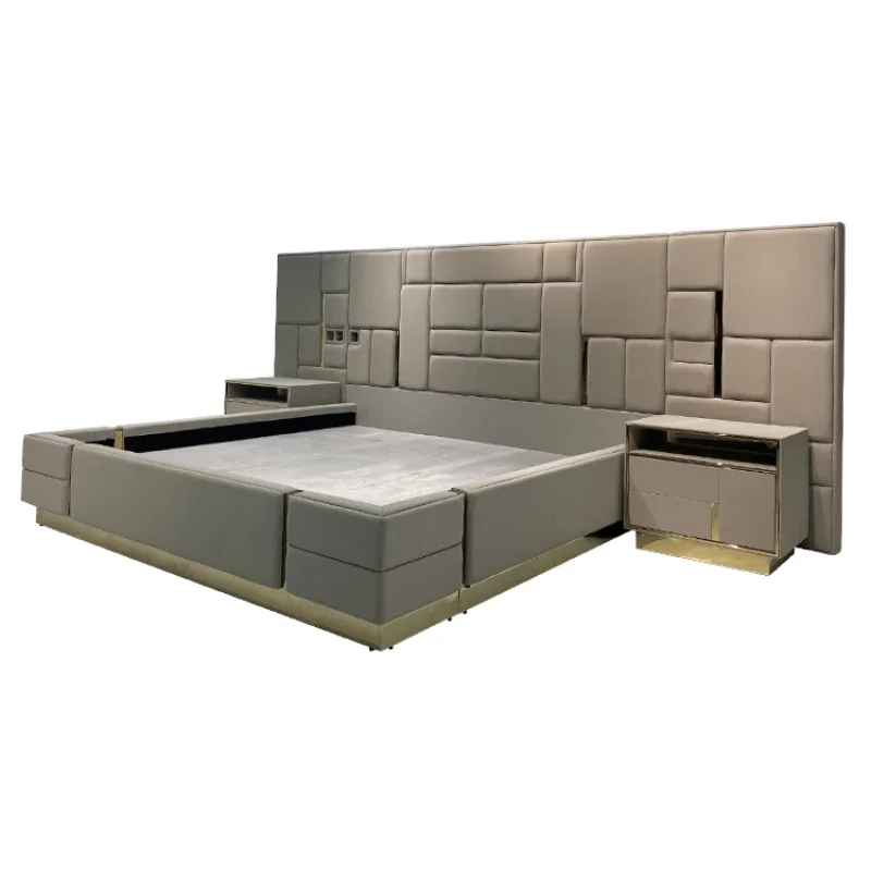 custom designer european style modern grey platform beds wooden frame comfort set leather furniture for adult