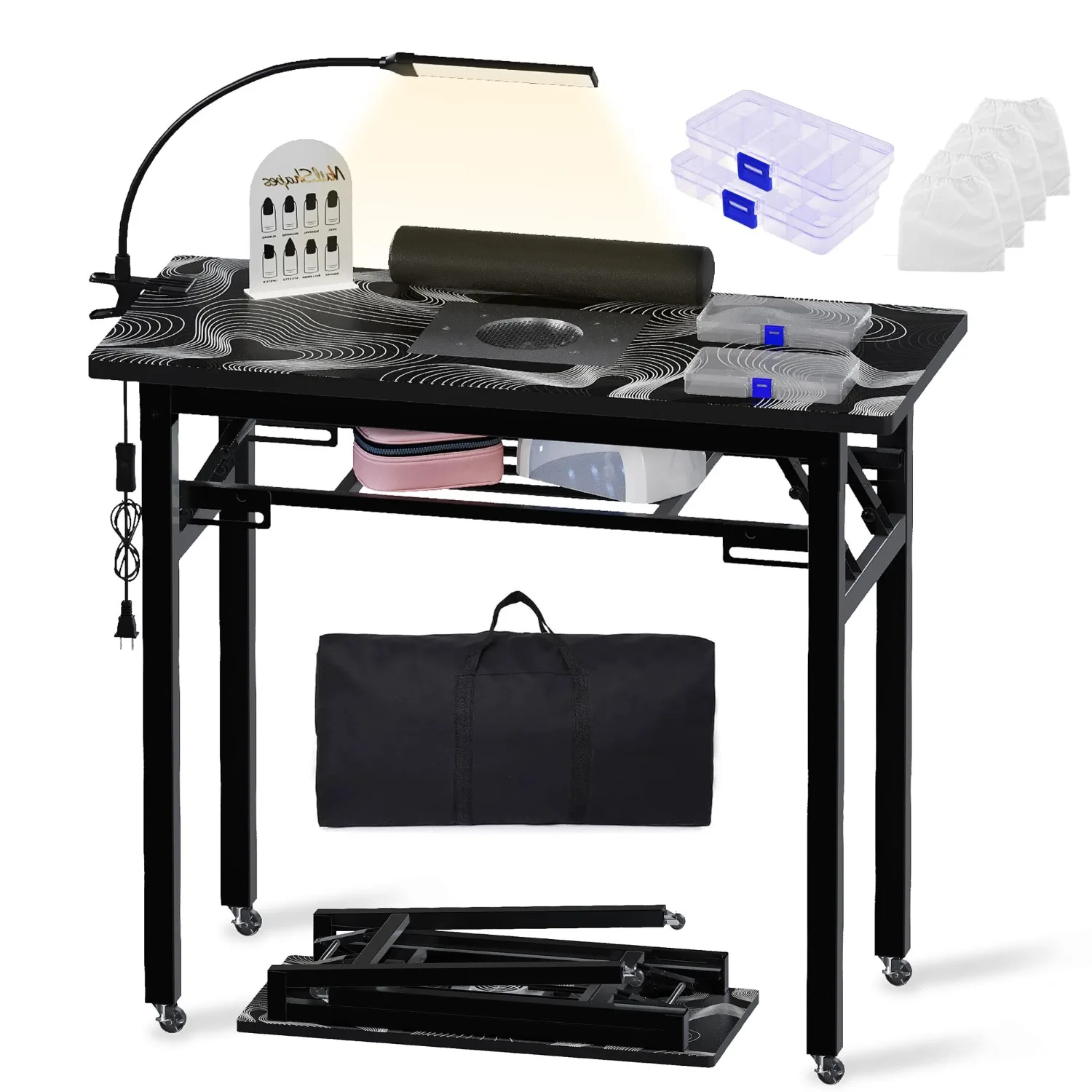 Portable Foldable Manicure Table with Dust Collector, Rolling Nail Tech Desk with LED Lamp, Wrist Rest, Lockable Wheels