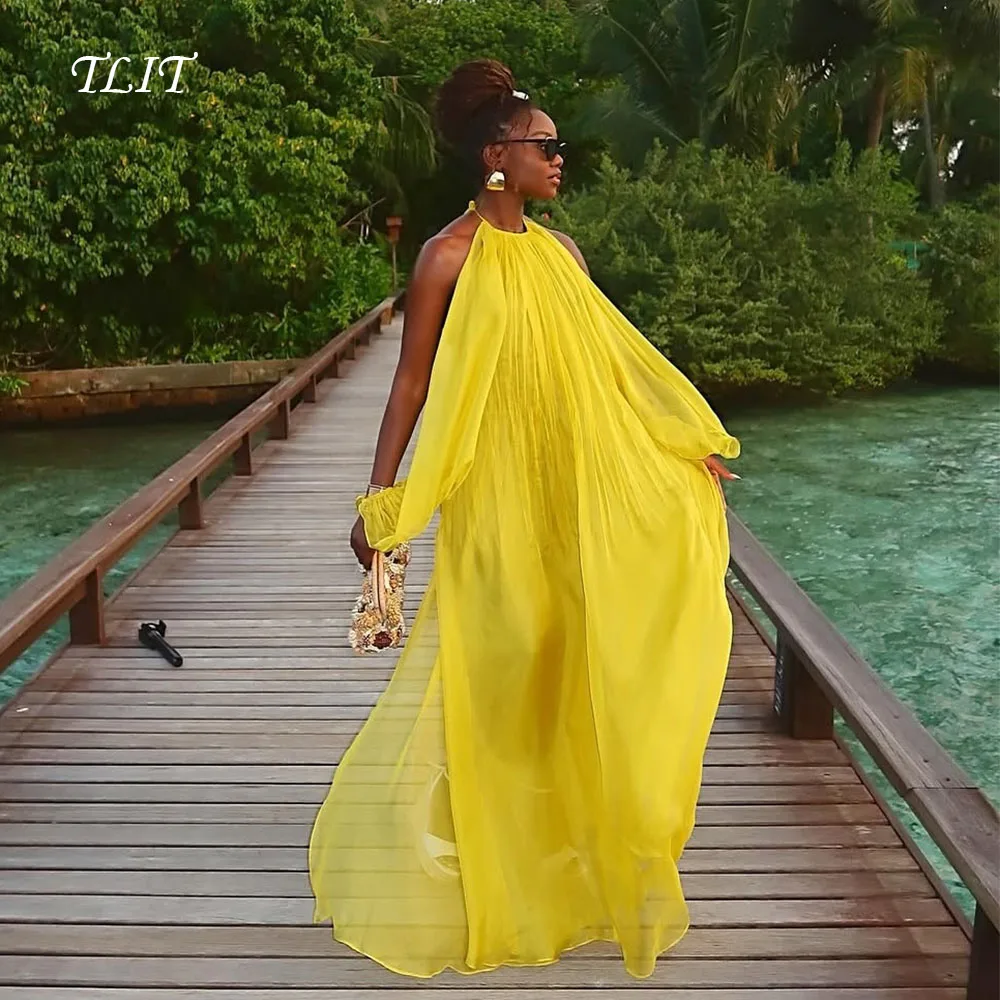 

TLIT сексуальные светло-желтые шифоновые вечерние платья с лямкой на шее и открытой спиной, платье de noite, вечерние платья с длинными рукавами и разрезом по индивидуальному заказу