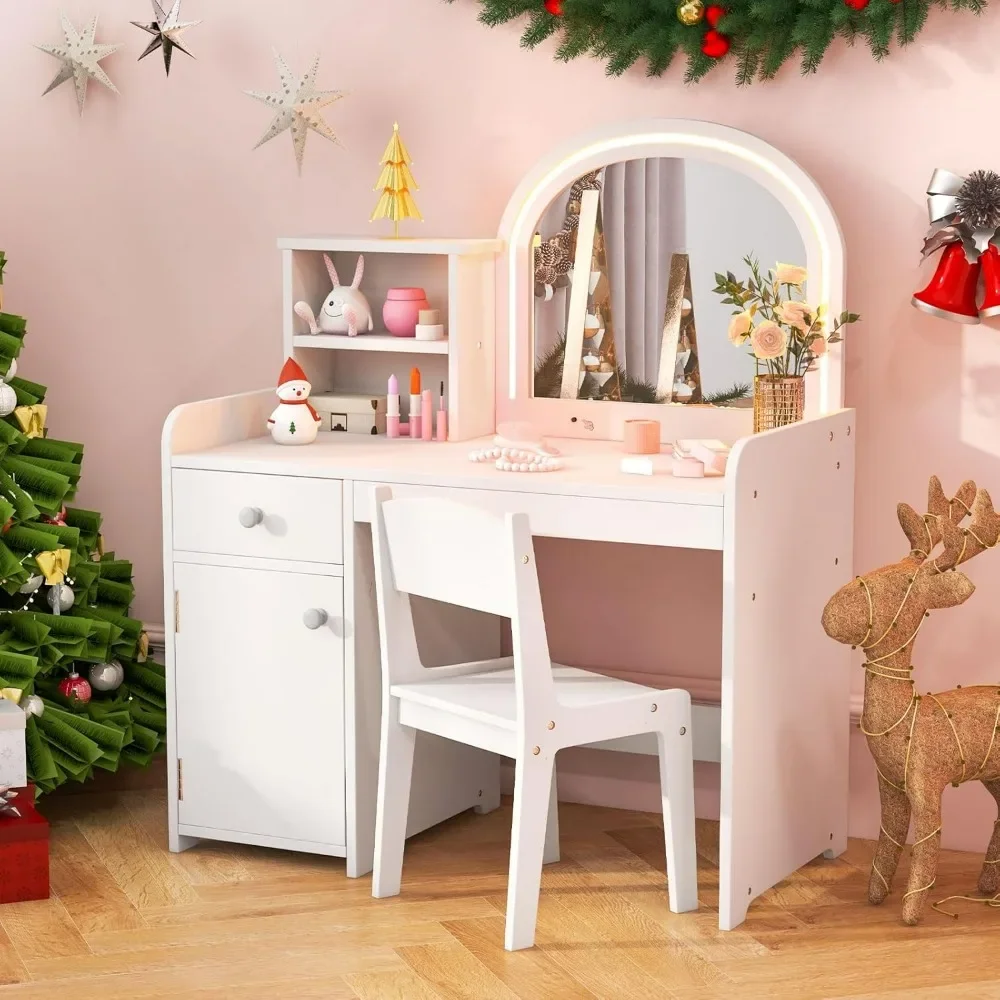 Kids Vanity, Princess Makeup Desk and Chair Set with Lights Mirror Drawer Storage Shelves, Vanity Set for Toddler Girls