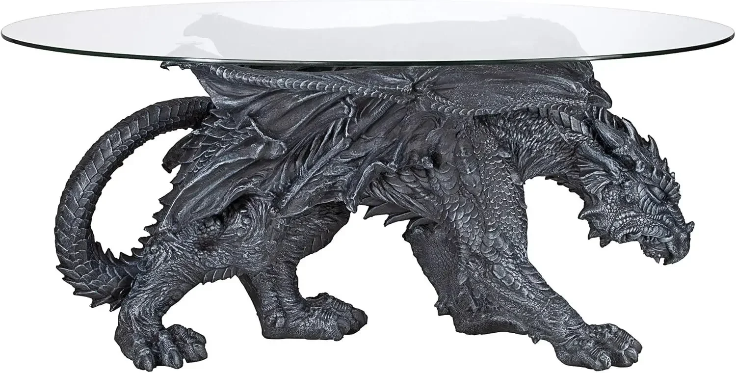 Mesa de centro com cobertura de vidro Warwickshire Dragon Gothic Decor, 39 polegadas, poliresina, pedra cinza