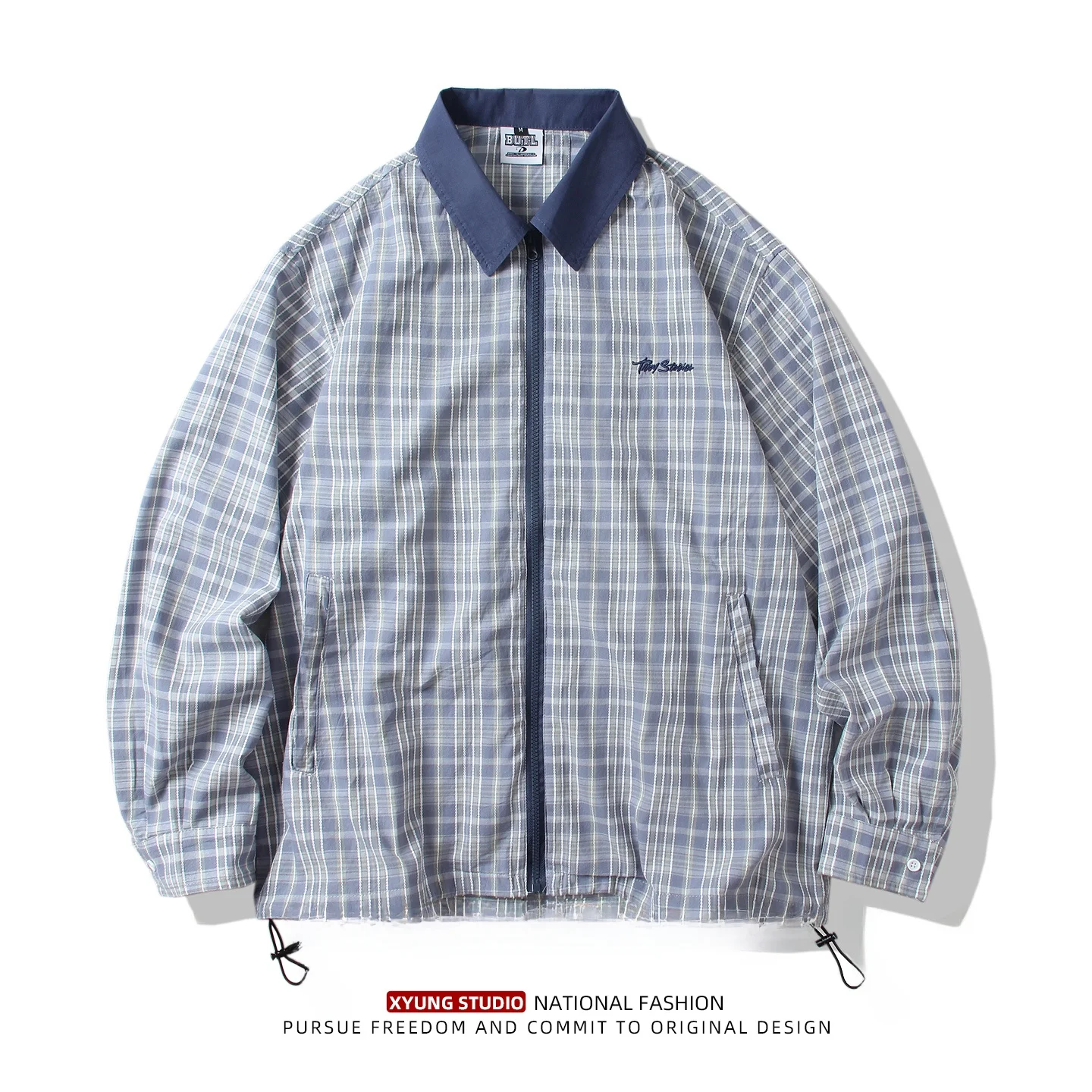 

Мужская рубашка в японском ретро-стиле с воротником на молнии, повседневная верхняя одежда, дышащая, модная, городская, свободного кроя, с длинным рукавом