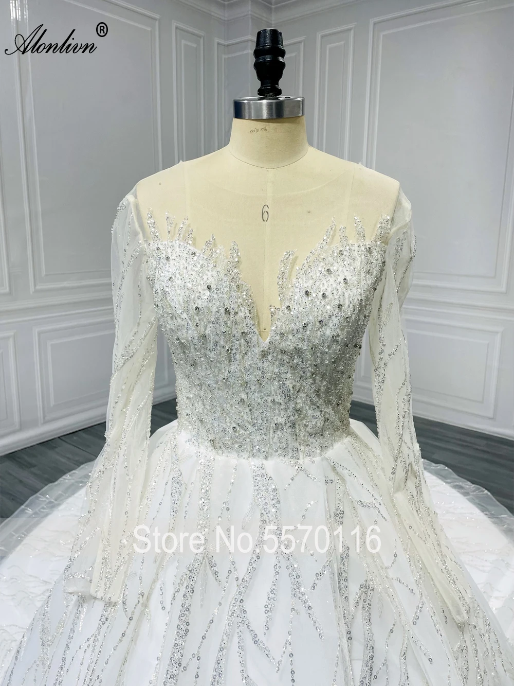 Alonlivn-vestido de Novia de encaje brillante, manga larga con cuentas delicadas