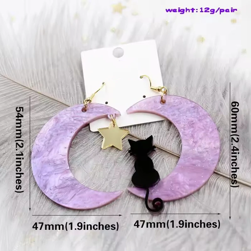 Boucles d'oreilles pendantes en acrylique découpées au laser, bijoux en résine incrustés faits à la main, Halloween, chat, lune, offre spéciale