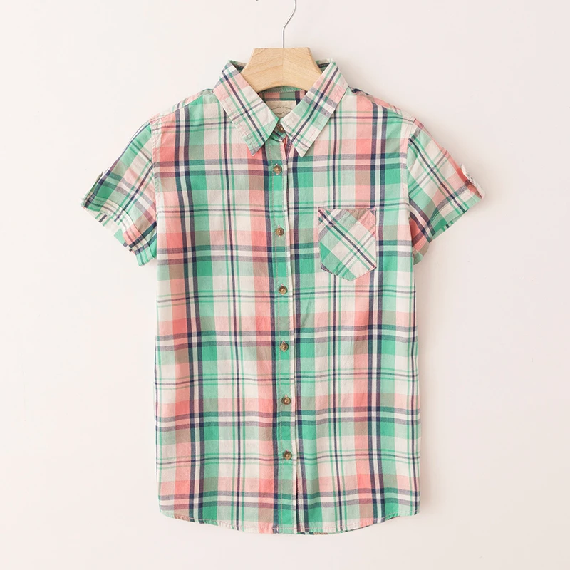 Csa hoada de aodón de talla ande para mujer, Top fino de manga corta a cuadros con protección solar, cuello  Reg...