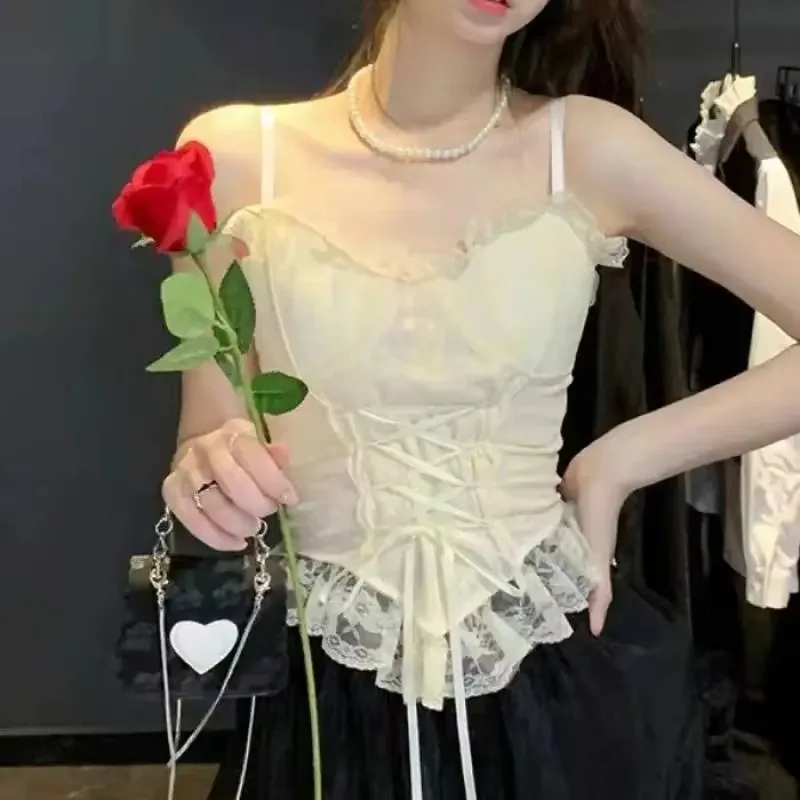 

Y2k Clothes Blouses Sexy Crop Tops Women Corset Lace Bandage T-shirt Camisole Woman Sling Tank Top Fashion Sleeveless Waistcoat