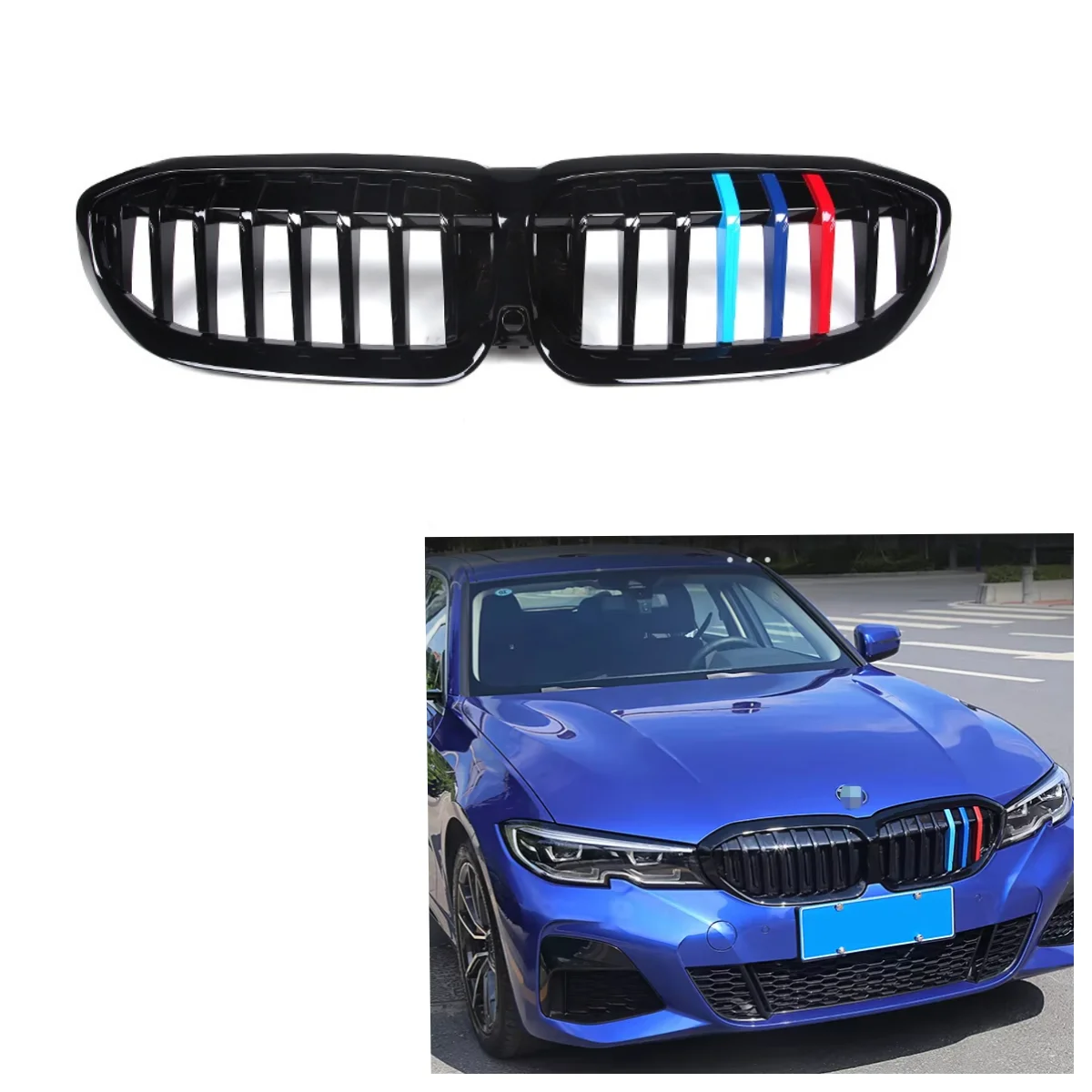 G20 Grill Front Bumper Kidney Grilles forBmw 3 Series G20 Pre-LCI 2019-2022 ABS Gloss Black with M Stripe Single Slat Grill