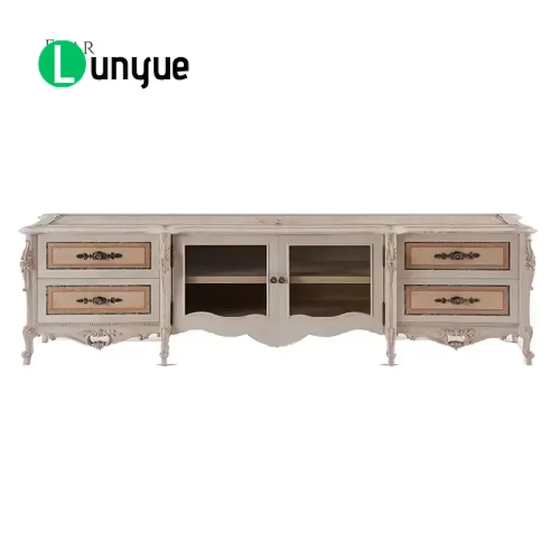 French Antique Royal Gray Wood Carving TV Cabinet Living Room Furniture Storage Console Table Elegant Home Decor
