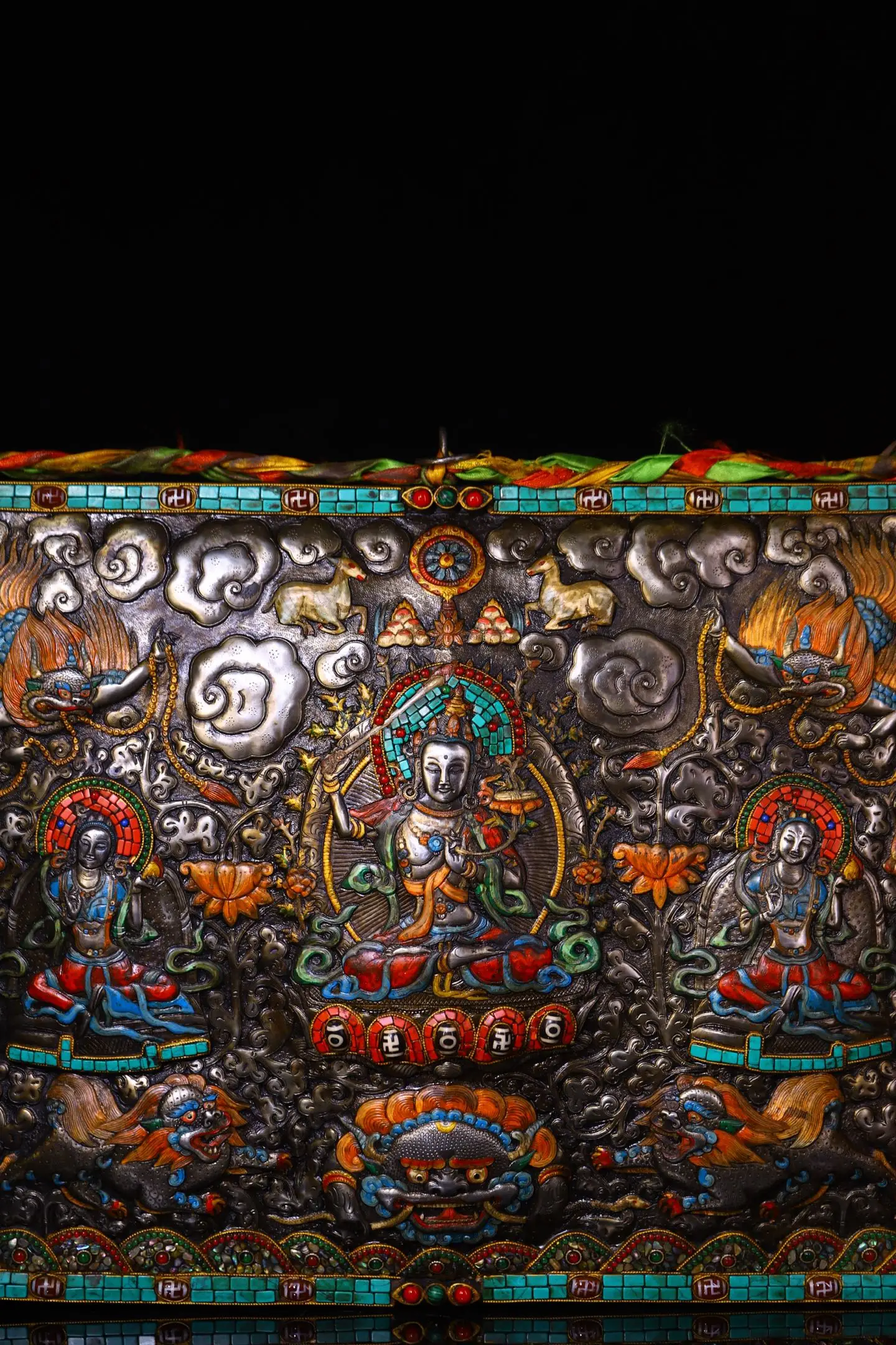 

15"Tibetan Temple Collection Old Tiantie Mosaic gZi Beads Turquoise Manjusri Bodhisattva Buddha Thangka Mandala hanging panel