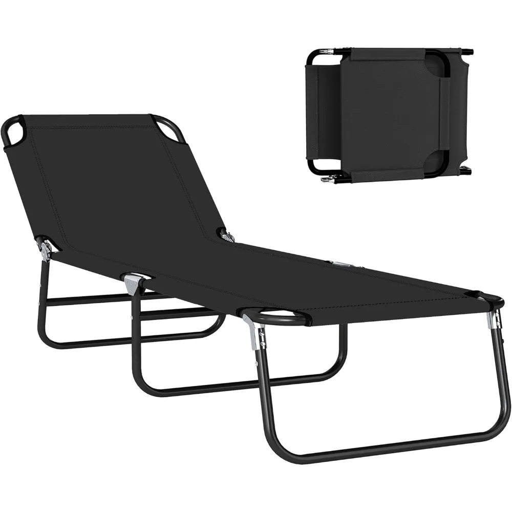 Folding Chaise Lounge Chair with 5-Level Back, Black | Pool Sun Tanning Chairs, Breathable Mesh Seat, Headrest, for Outdoor Use