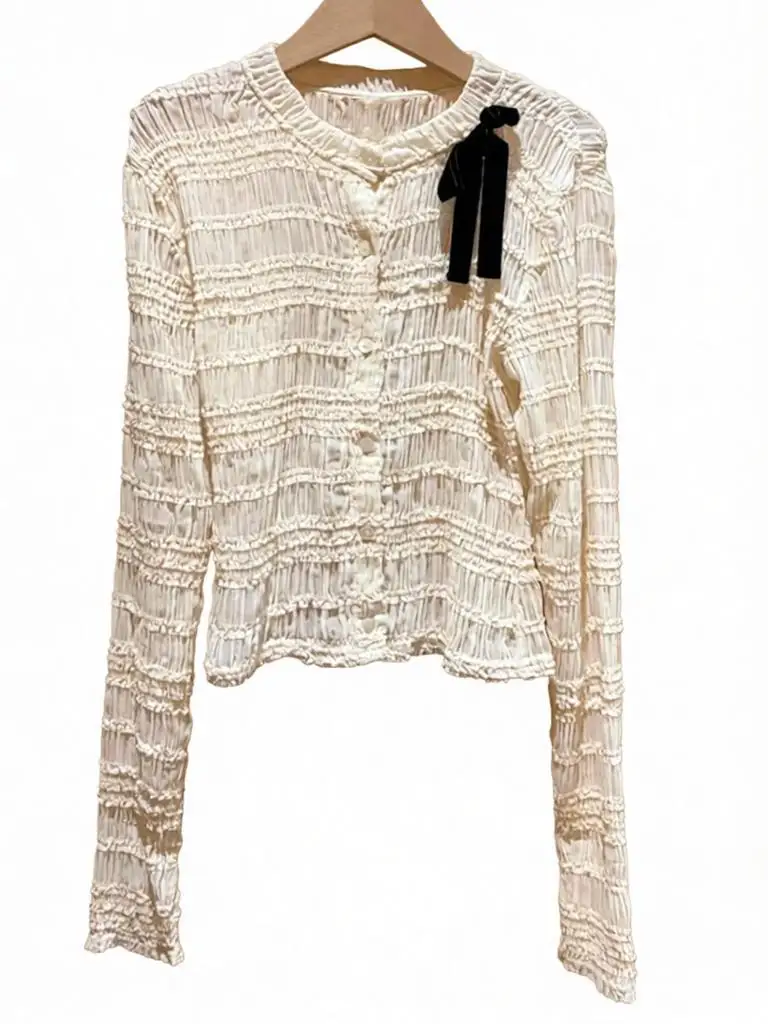 Office Female Solid Color Round Neck Long Sleeves Vest Versatile Ladies Single-Breasted Breathable Bow Knitted Outerwear