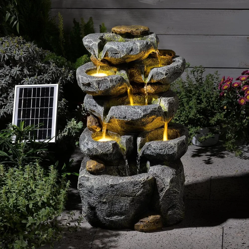 

5 Tiered Solar Powered Water Fountain, Solar Water Fountain Outdoor Garden Cascading Rock Water Fall Fountains, Customized