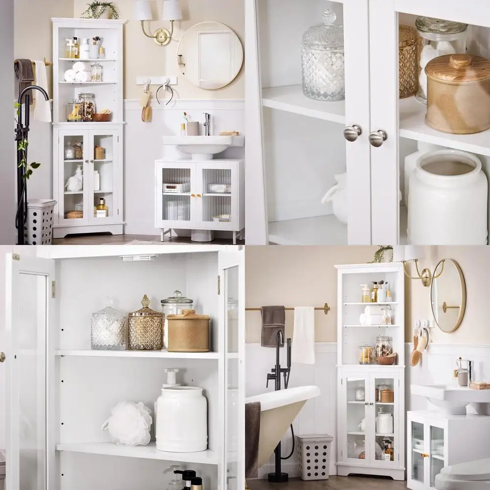 

Компактный белый угловой шкаф со стеклянными дверцами и регулируемыми полками для хранения в ванной и кухне