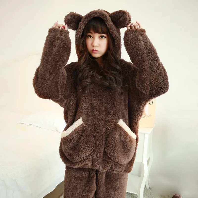 Thickened Warm Autumn Winter Women Cartoon Plush Hooded Bear Sleepwear Ladies Flannel Homewear Set Solid Nightwear Loungewear