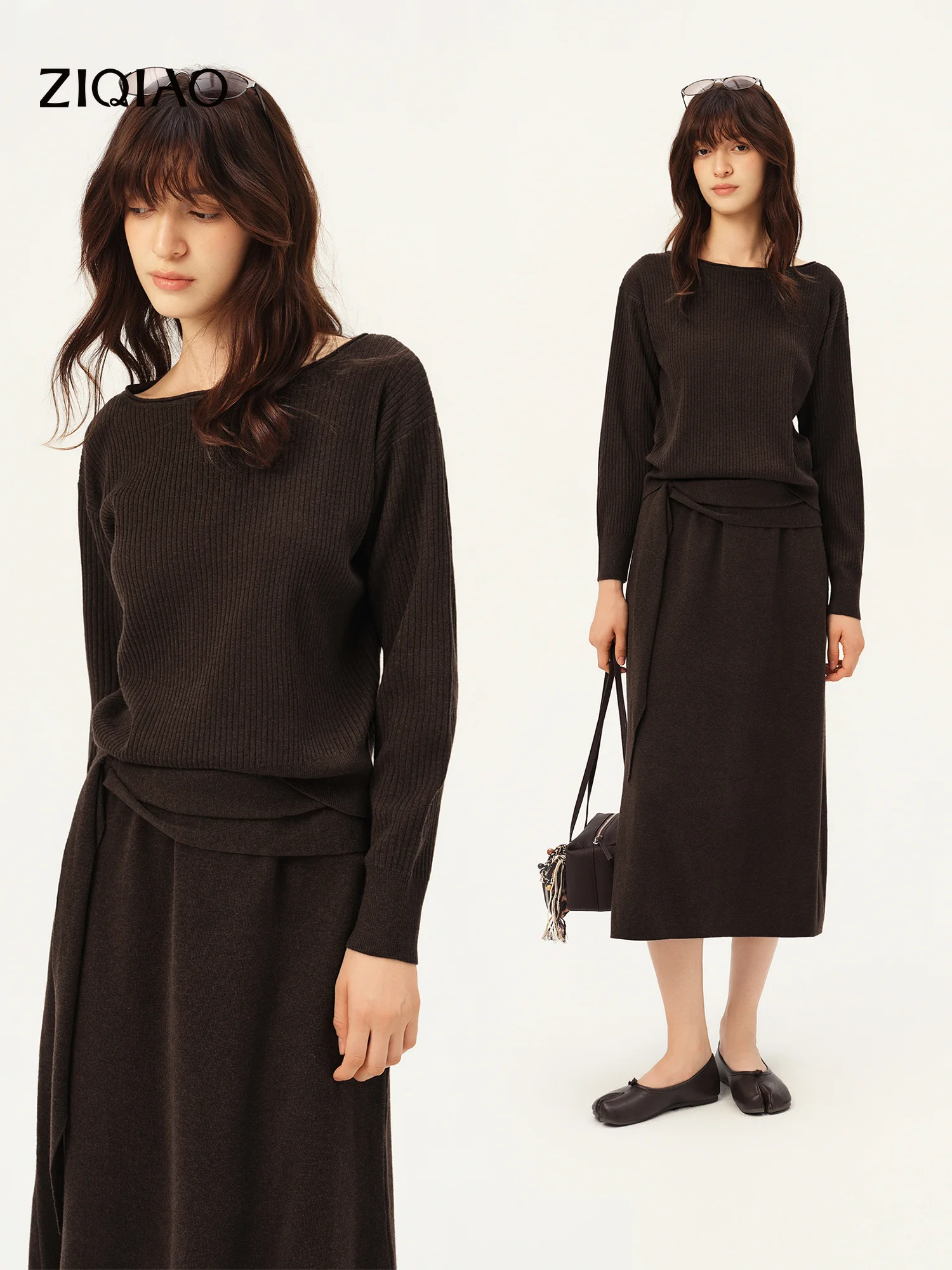 ZIQIAO 2026 Winter Women's Two-Piece Knit Set: Boat Neck Sweater & A-Line Skirt - Soft Elegant Chic Versatile for Daily Wear