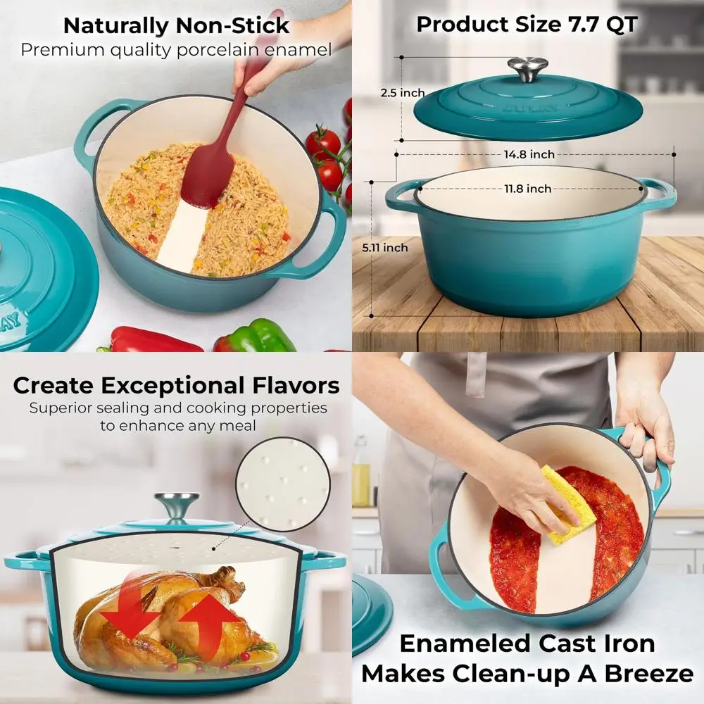 

7.7 Qt Light Blue Enamel Cast Iron Dutch Oven with Lid - Oven Safe to 500°F, Ideal for Baking, Stews, Braising & Roasting