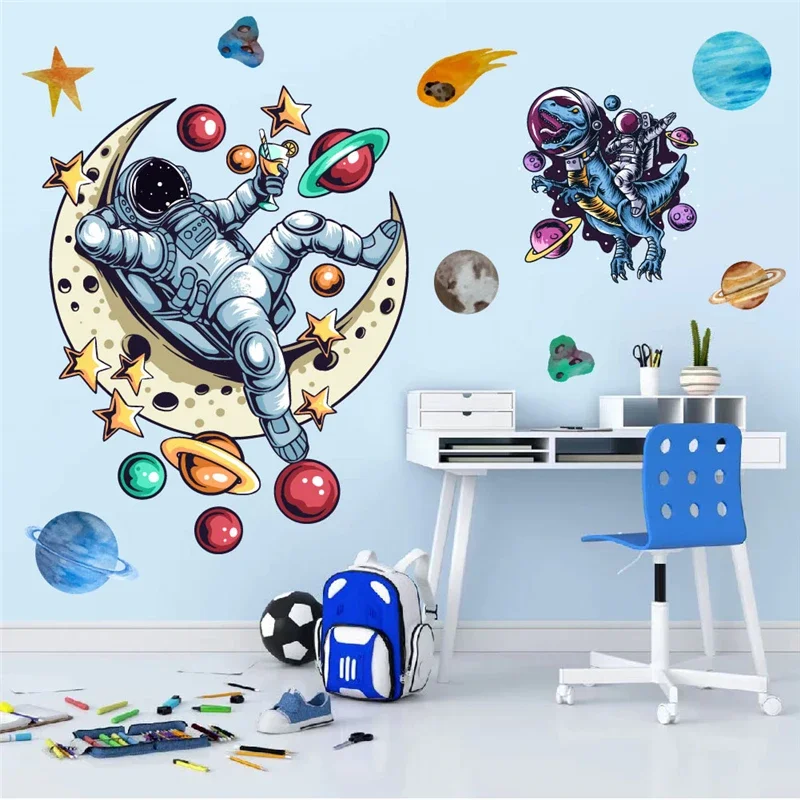 Happy Astronaut Wandering In Space Wall Sticker For Home Decoration Planet Star Moon Mural Art Diy Kids Room Decals Pvc Poster
