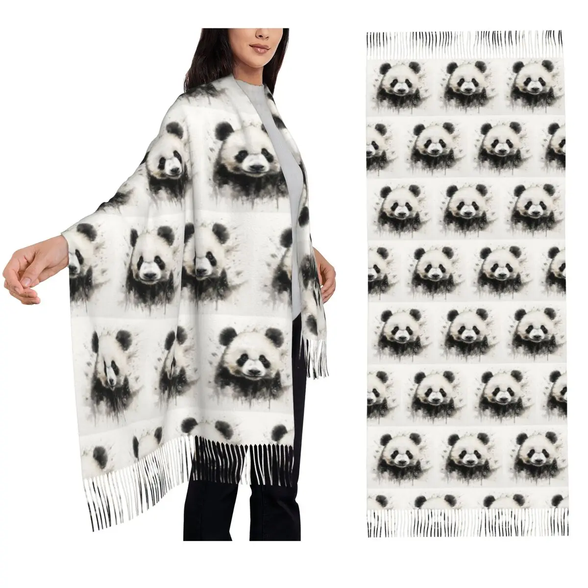 Cute Panda In White Background Scarf Tassel Scarves for Women Soft Warm Shawls and Wraps Large Fall Winter Shawl Wrap
