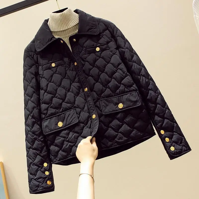 2024 New Rhombic Cotton-Padded Jacket Women\'s Autumn Winter Oversized Parkas Casual Outwear Lady Elegant Warm Down Cotton Coat