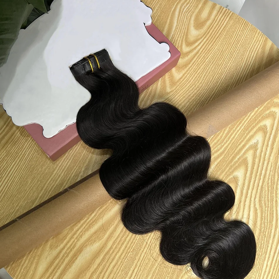 PU Inslag Naadloze Clips in Human Hair Extensions Onzichtbare 100g 7 stks/set Body Wave Volledige Onverwerkte Ruwe Haar # 1B Natuurlijke kleur