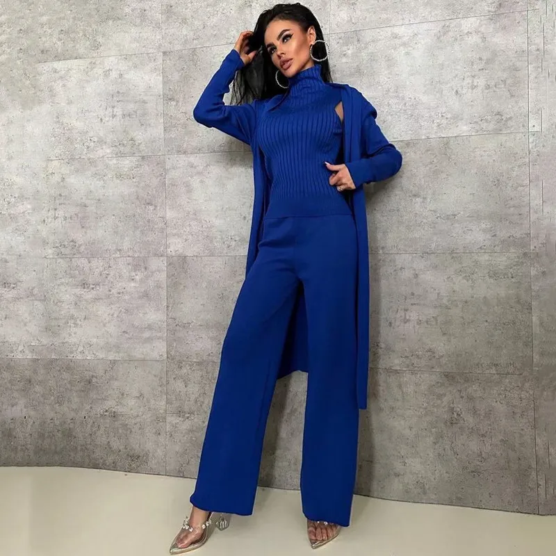 2024 Autumn Winter Women Cardigan Tracksuits Suit Long Sleeve Pullover Knit Wide Leg Pant Set Female Sweater 3 piece Outfits