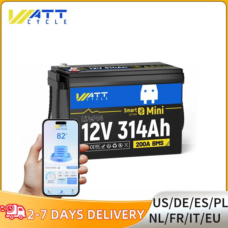 

Wattcycle Bluetooth LiFePO4 Battery 12V 314Ah 200A BMS Real-time Monitor For RV/ Vans/ Marine/ Golf Cart/ Touring car/ Off-grid