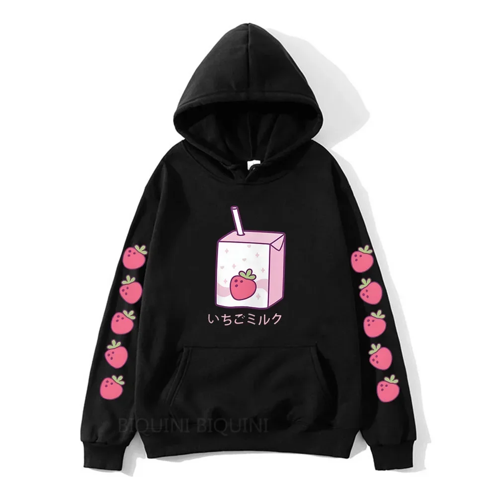 

Women Cute Cartoon Strawberry Milk Print Hoodies Plus Size Hooded Prevalent Fashion Sweatshirt Female Winter Warm Pullover