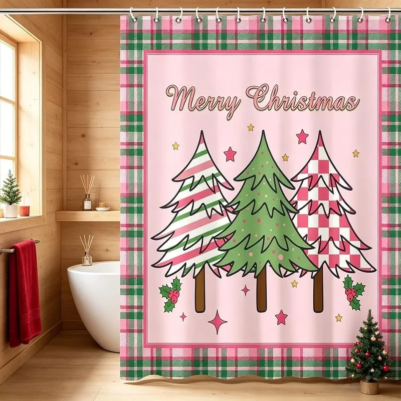 Cartoon Plaid Christmas Tree Shower Curtain Pink Grid Border Bathroom Decor No Drilling with 12 Hooks Waterproof