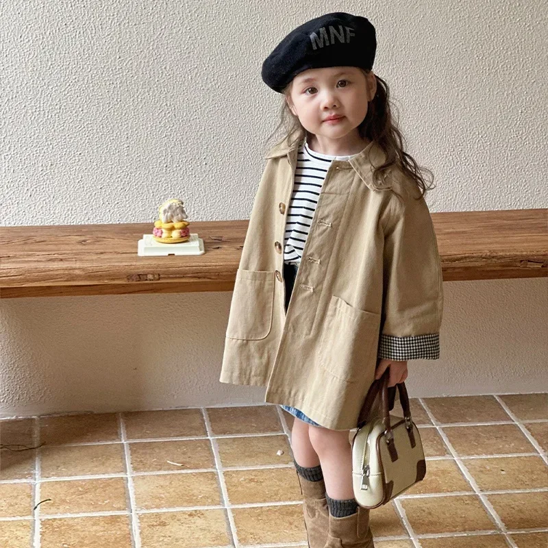 

Trench Girl British Style Medium Length Windbreaker Children Causal Spring Autumn New Baby Loose Turn Dwon Collar 2024