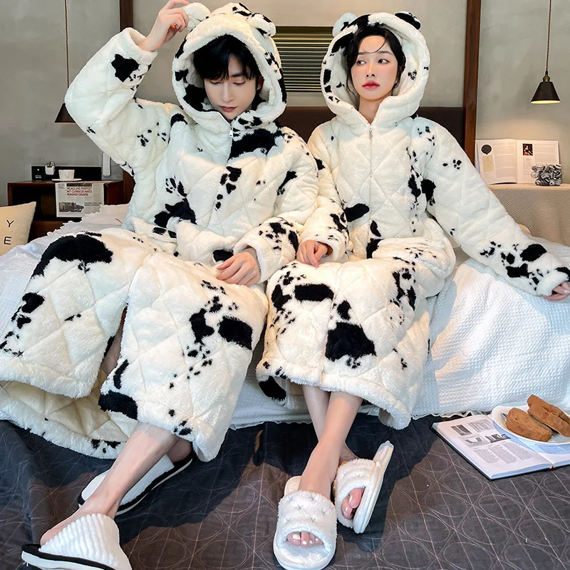 Loose Home Wear with Pockets Flannel Cotton-Padded Long Robe Bathrobe Loungewear Winter Thickened Warm Hoodede Couple Sleepwear