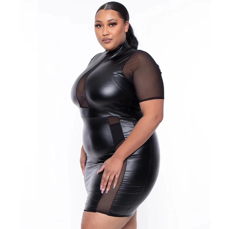 Plus Size Sheer Leather Mini Dress Female Patchwork Mesh Outfit 2023 Women Fashion Elegant Clothing Large Size One Piece Dress