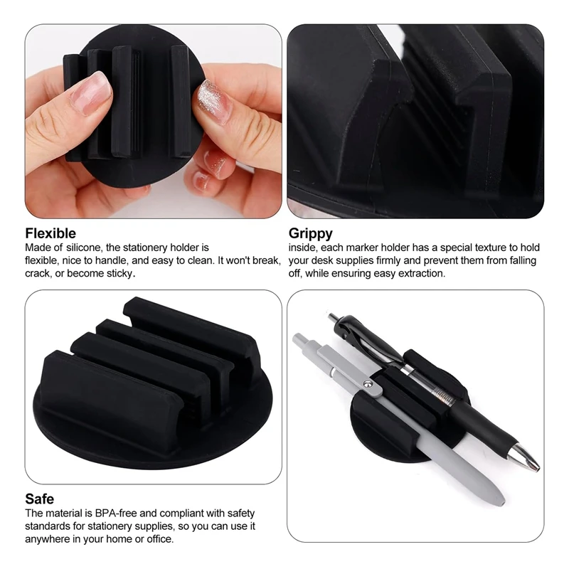 Portalápices de silicona adhesiva de 4 piezas, juego de clips para bolígrafos de Gel de sílice negro para Portapapeles de escritorio y otras superficies planas, portalápices