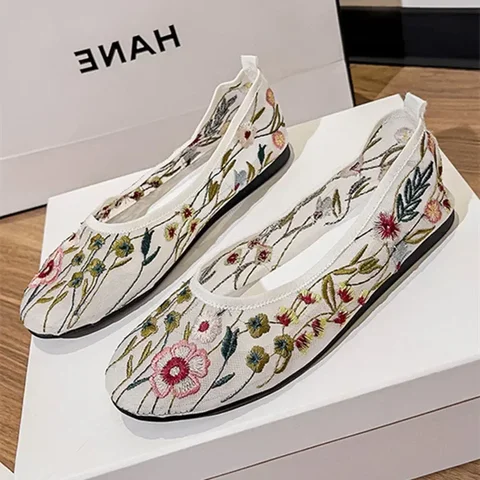Осенние сетчатые туфли-лодочки с цветочной вышивкой, бабушкины туфли на плоской подошве, дышащие балетки с круглым носком и неглубоким носком