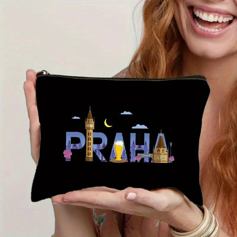 Festive Praha Makeup Bag - Lightweight Canvas Tote with Zipper Closure