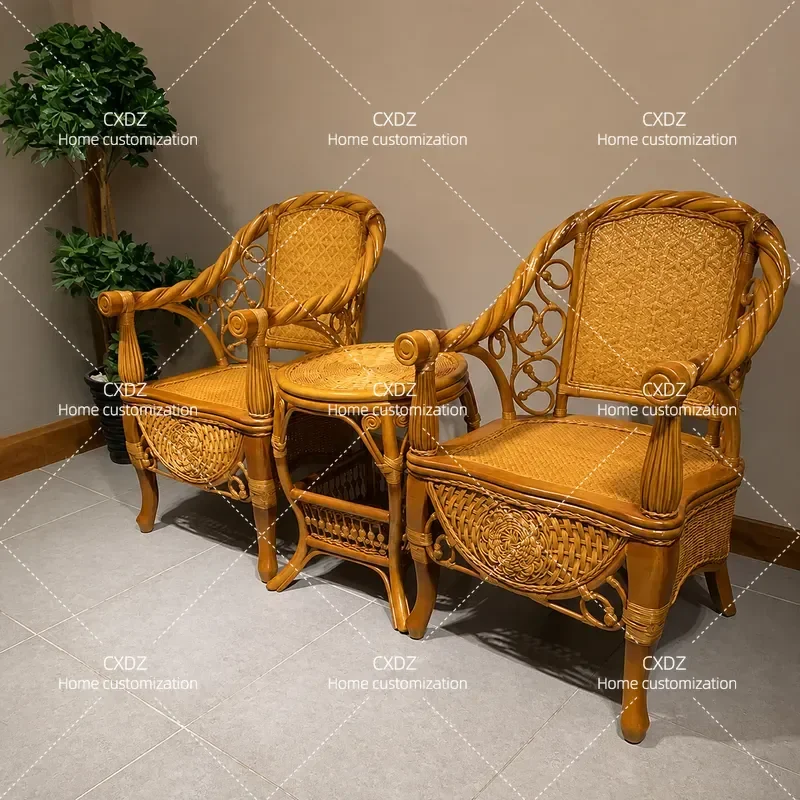 Solid Wood Rattan Chair 3 Piece Balcony Table and Chair Set High Backrest Single Seat for Elderly Home Outdoor Patio