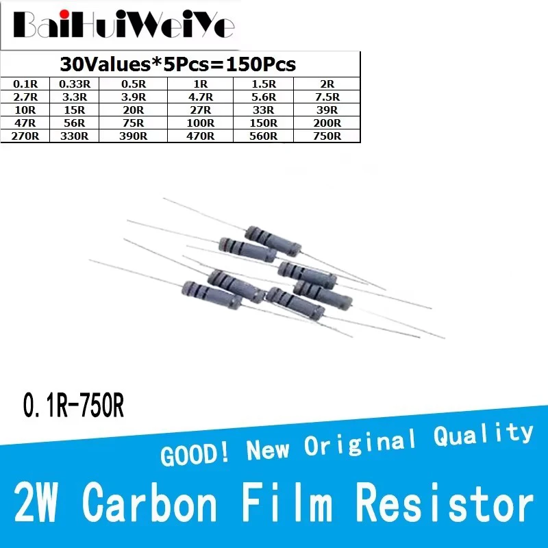 150PCS/LOT 2W 5% Carbon Film Resistanc Kit 30Values*5Pcs 0.1R To 750R ohm Resistanc Set 0.3R 0.5R 1R 1.5R 2R 2.7R 3.3R 3.9R 5.6
