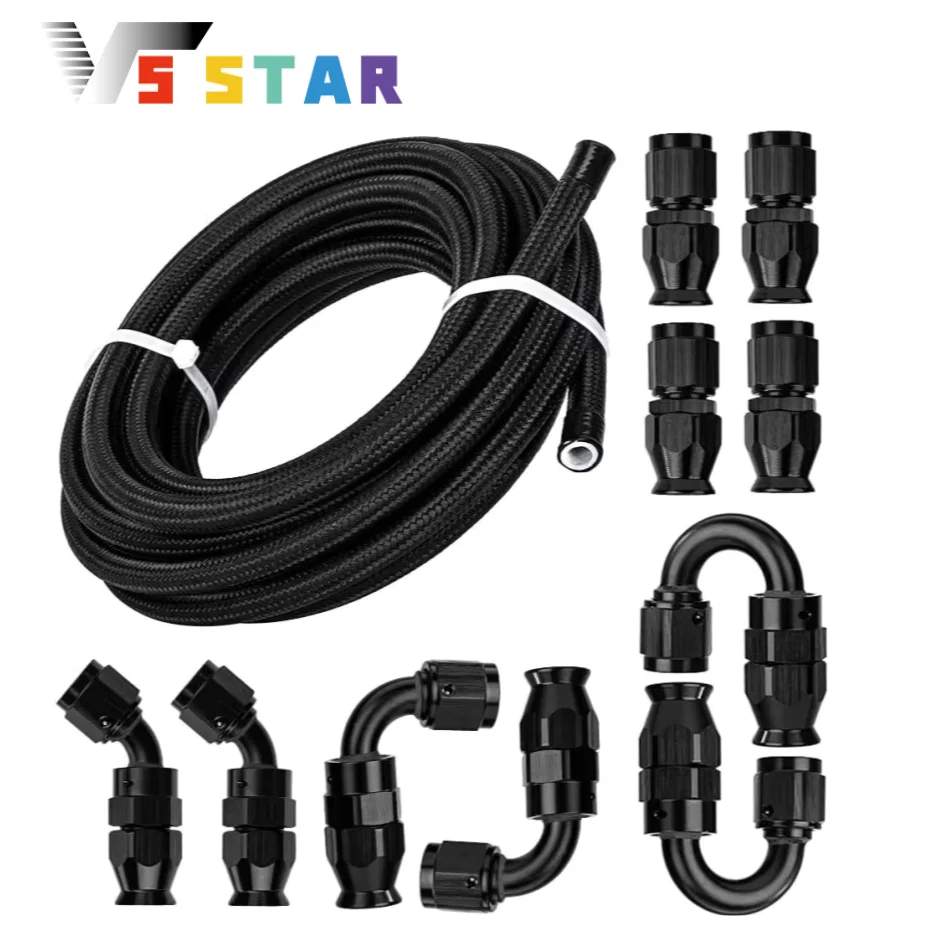 고품질 AN4 AN6 AN8 AN10 알루미늄 나일론 브레이드 PTFE 연료 라인 10FT 10개 피팅 호스 키트 E85 검은색 TF-1054