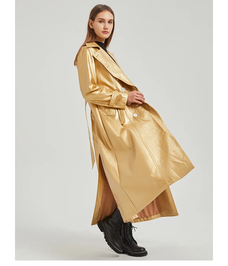 Lautaro Spring Autumn Extra Long Gold Shiny Pu Leather Trench Coat for Women Sashes Double Breasted Luxury Europe Fashion 2024