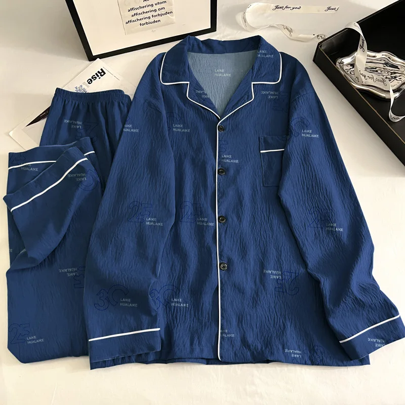 New Men's Cloud Cotton Pyjamas Autumn/Winter Lightweight Teenage Casual Letter Print Cardigan Long-Sleeved Pyjamas Homewear Set